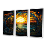 Vibrant Yellow Sun Over Forest Lake - 3-Piece Canvas Wall Art