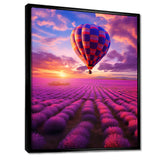 Squared Balloon Flying Over Lavender Fields - Hot Air Balloon Canvas Wall Art