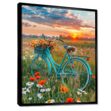 Blue Beach Bike In Spring Flower Field Sunset - Bicycle Canvas Wall Art