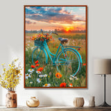 Blue Beach Bike In Spring Flower Field Sunset - Bicycle Canvas Wall Art