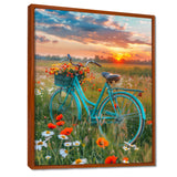 Blue Beach Bike In Spring Flower Field Sunset - Bicycle Canvas Wall Art