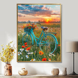 Blue Beach Bike In Spring Flower Field Sunset - Bicycle Canvas Wall Art