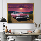 Vintage Pink American Car Purple Sunset - Car Vintage Canvas Wall Art