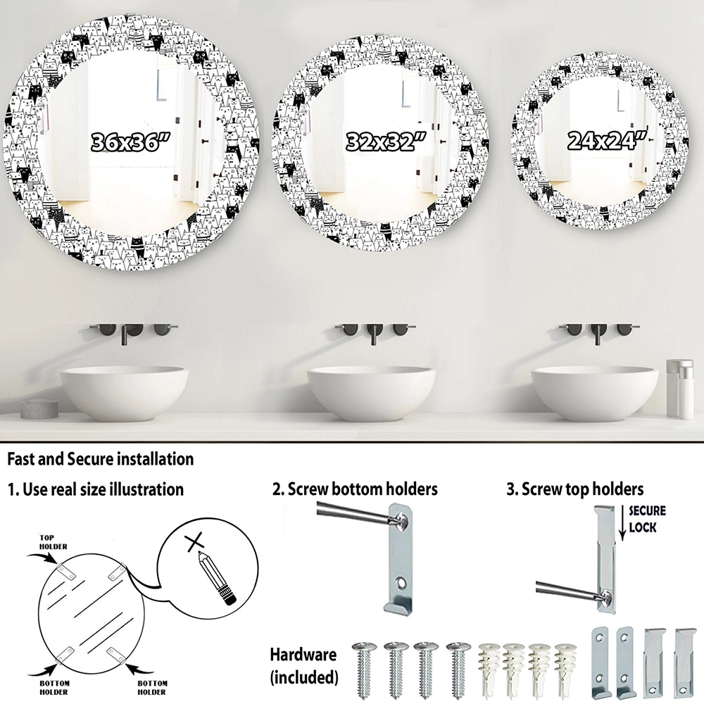 Modern Decorative Wall Mirror - Cats Pattern - Round Mirror