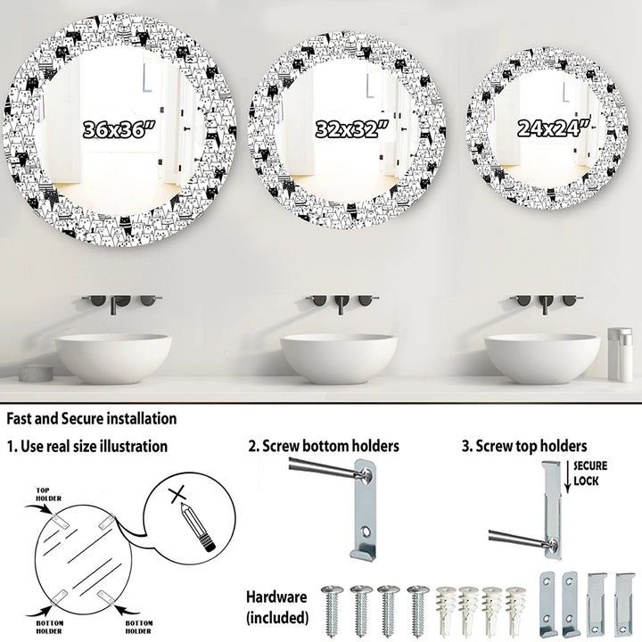 Modern Decorative Wall Mirror - Cats Pattern - Round Mirror