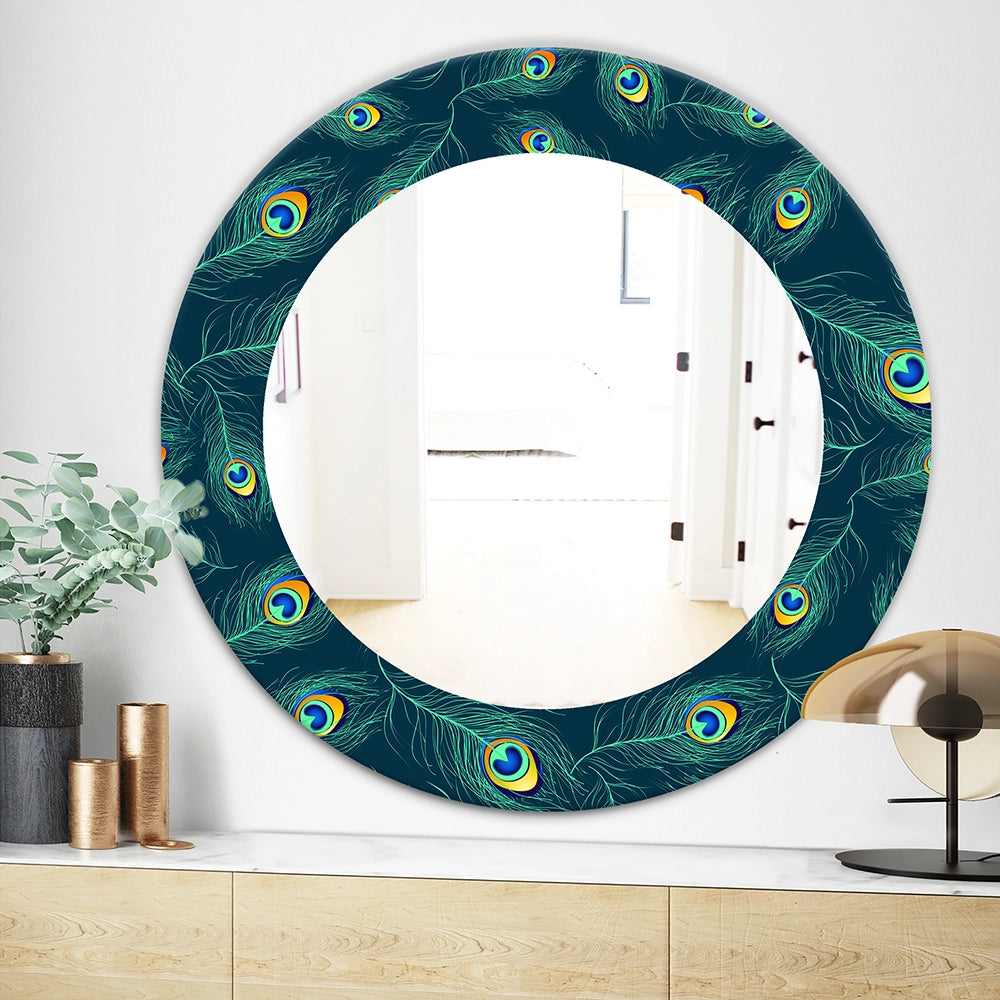 Modern Decorative Mirror - Pattern Of Peacock Feathers - Round Mirror