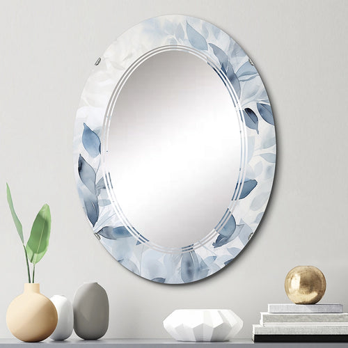 Leaves Large Wall Mirror - Tender Ginko Leaves in Shades Of Blue Watercolor - Oval Mirror