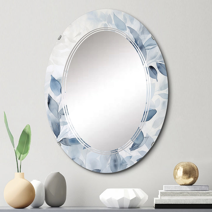 Leaves Large Wall Mirror - Tender Ginko Leaves in Shades Of Blue Watercolor - Oval Mirror