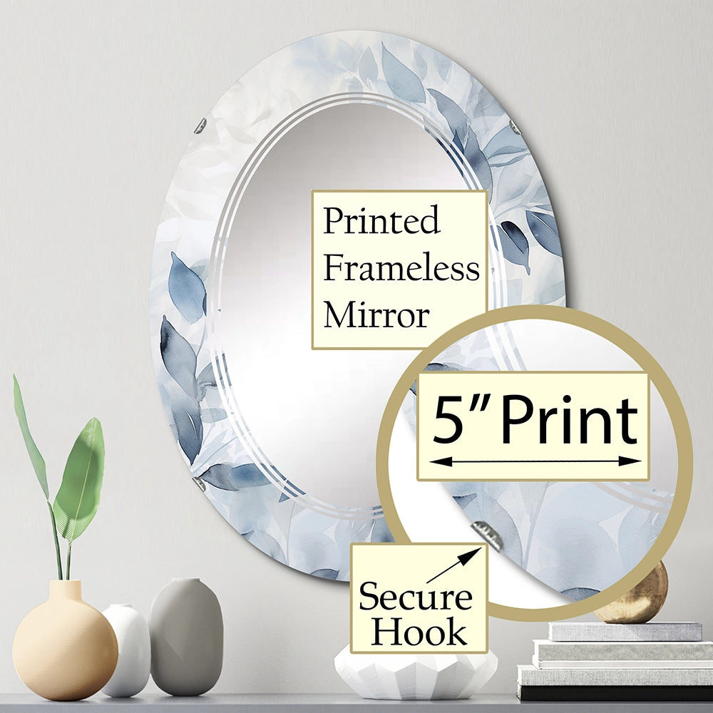 Leaves Large Wall Mirror - Tender Ginko Leaves in Shades Of Blue Watercolor - Oval Mirror