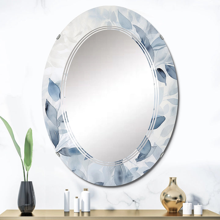 Leaves Large Wall Mirror - Tender Ginko Leaves in Shades Of Blue Watercolor - Oval Mirror