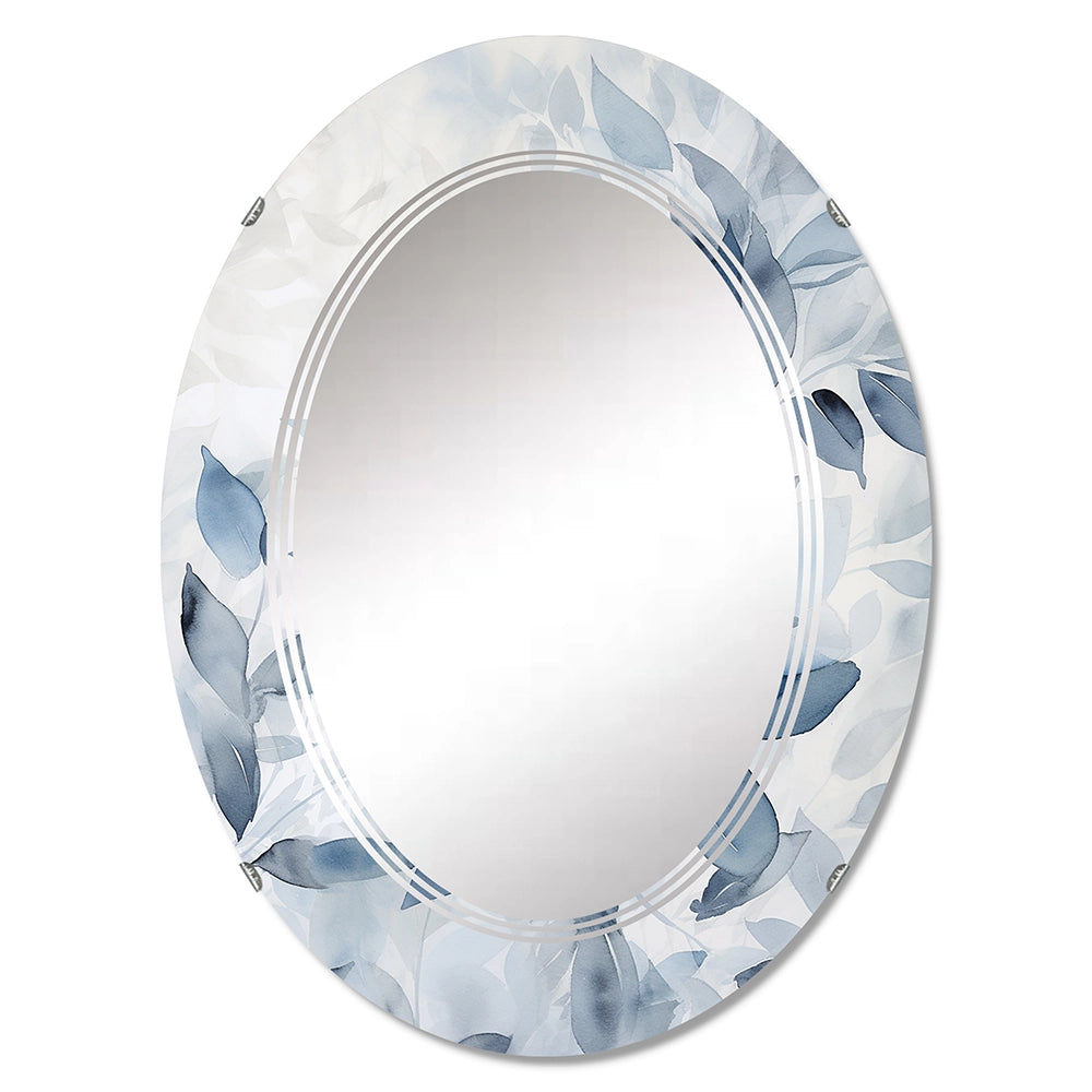 Leaves Large Wall Mirror - Tender Ginko Leaves in Shades Of Blue Watercolor - Oval Mirror