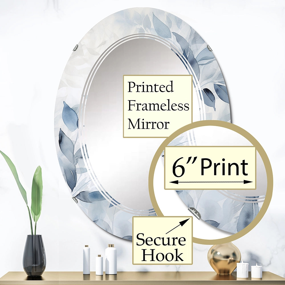 Leaves Large Wall Mirror - Tender Ginko Leaves in Shades Of Blue Watercolor - Oval Mirror