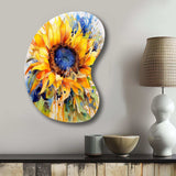 Yellow Blue Golden Cheerful Sunflowers - Asymmetric Metal Wall Art