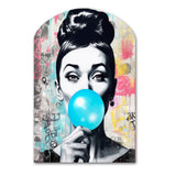 Audrey Hepburn Blue Bubble Gum - Asymmetric Metal Wall Art