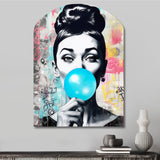 Audrey Hepburn Blue Bubble Gum - Asymmetric Metal Wall Art