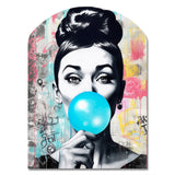 Audrey Hepburn Blue Bubble Gum - Asymmetric Metal Wall Art