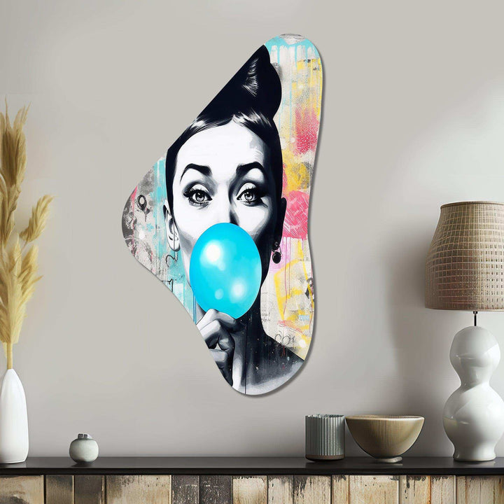 Audrey Hepburn Blue Bubble Gum - Asymmetric Metal Wall Art