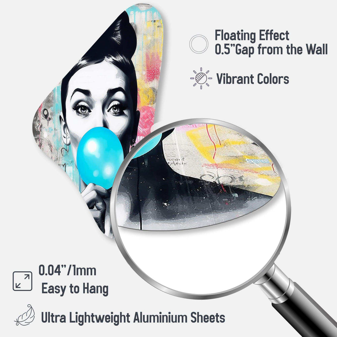 Audrey Hepburn Blue Bubble Gum - Asymmetric Metal Wall Art