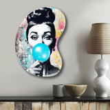 Audrey Hepburn Blue Bubble Gum - Asymmetric Metal Wall Art