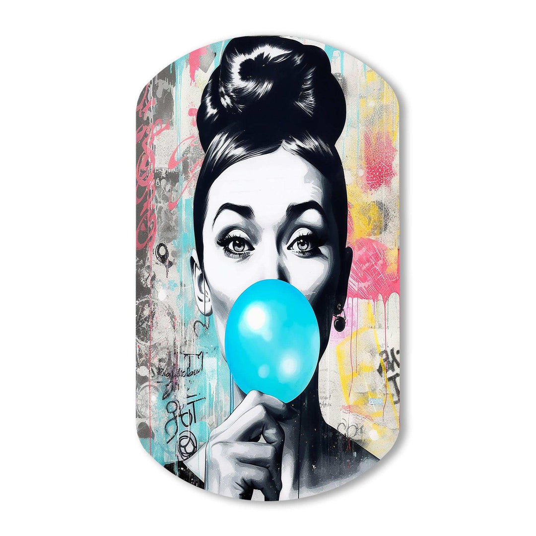 Audrey Hepburn Blue Bubble Gum - Asymmetric Metal Wall Art