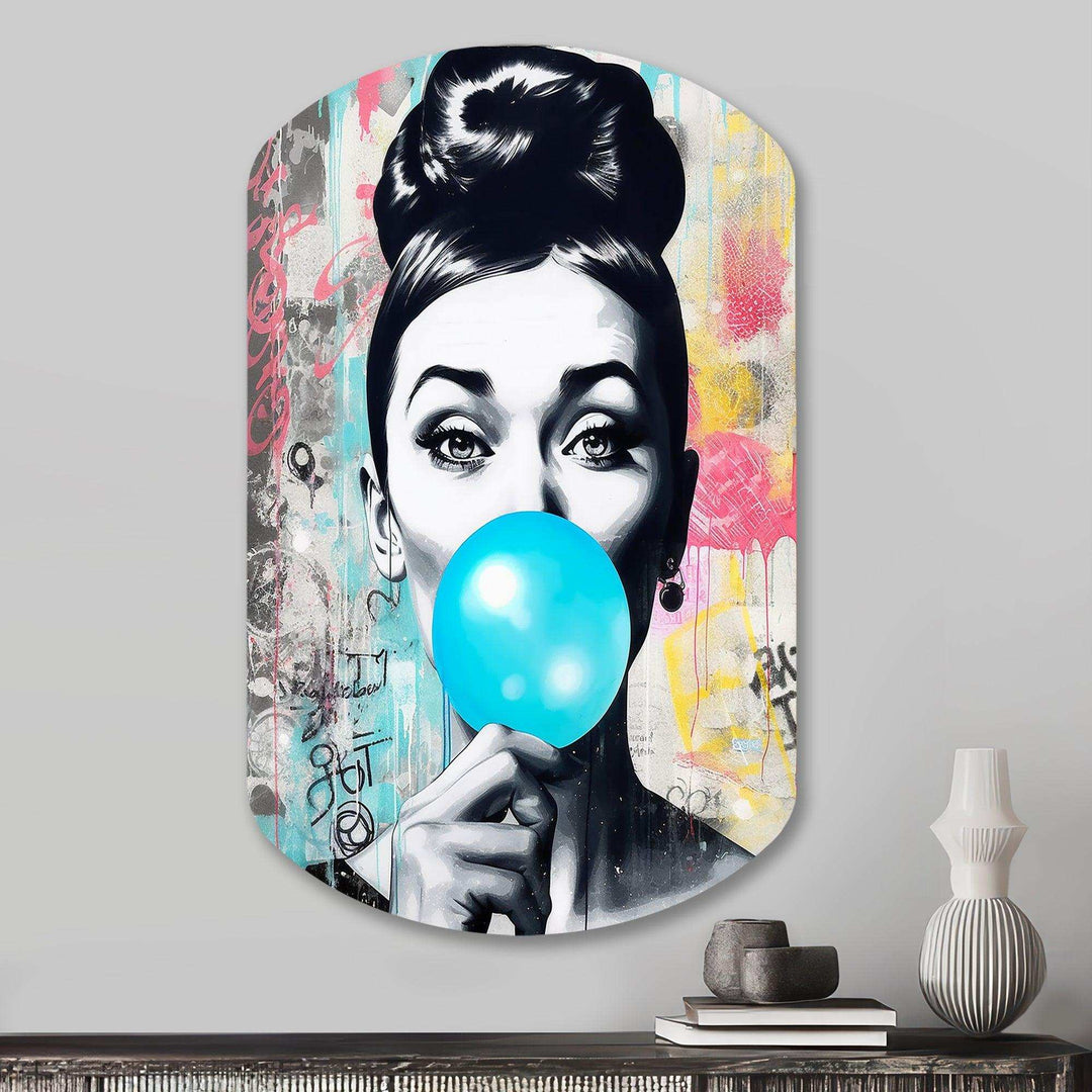 Audrey Hepburn Blue Bubble Gum - Asymmetric Metal Wall Art