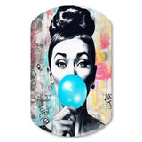 Audrey Hepburn Blue Bubble Gum - Asymmetric Metal Wall Art