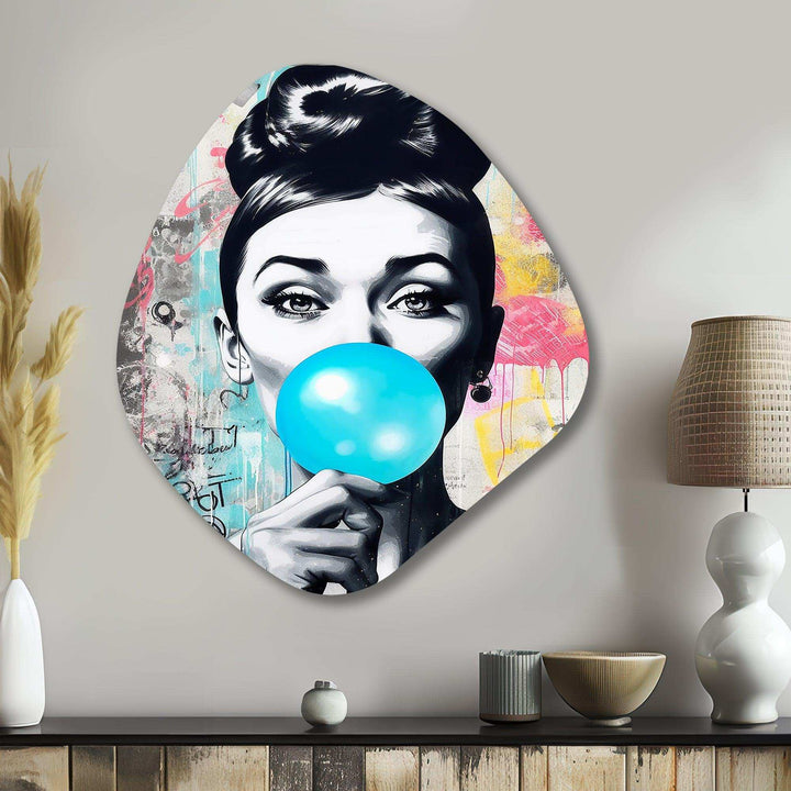 Audrey Hepburn Blue Bubble Gum - Asymmetric Metal Wall Art