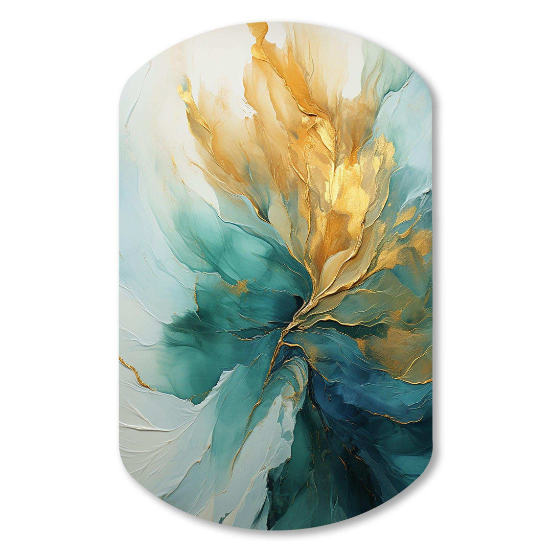 Gold And Teal Aurora Harmony - Asymmetric Metal Wall Art
