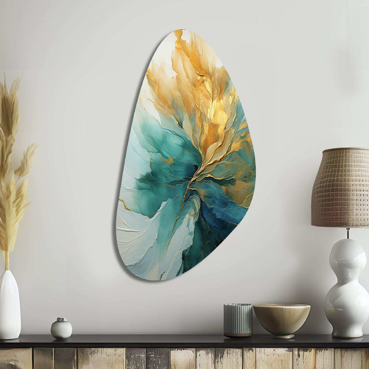 Gold And Teal Aurora Harmony - Asymmetric Metal Wall Art