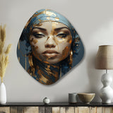 Blue And Gold African Woman Portrait - Asymmetric Metal Wall Art