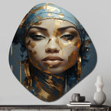 Blue And Gold African Woman Portrait - Asymmetric Metal Wall Art