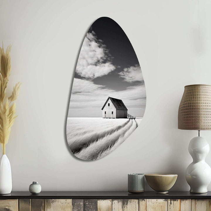 Black And White Barn Minimalism Country Charm I - Asymmetric Metal Wall Art