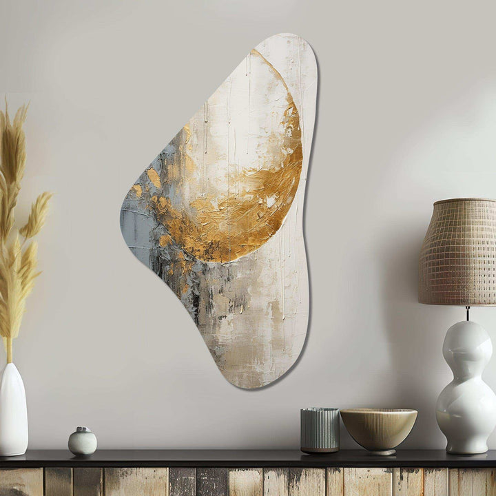 Minimalism Grey Gold Moon Poteries - Asymmetric Metal Wall Art