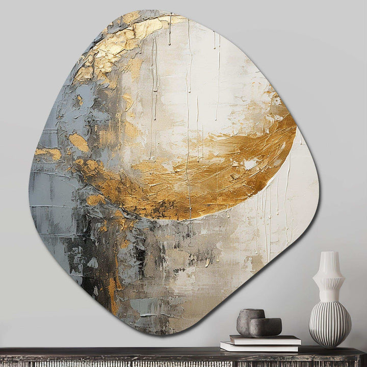 Minimalism Grey Gold Moon Poteries - Asymmetric Metal Wall Art