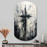 Minimalism Black And White Religious Cross - Asymmetric Metal Wall Art