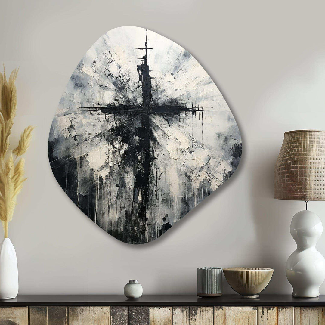 Minimalism Black And White Religious Cross - Asymmetric Metal Wall Art