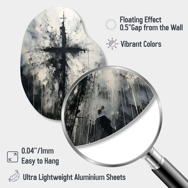 Minimalism Black And White Religious Cross - Asymmetric Metal Wall Art