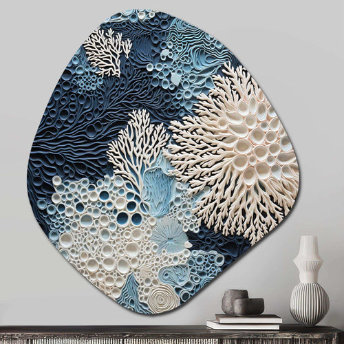 Under Water Blue And White Corals Collage - Asymmetric Metal Wall Art