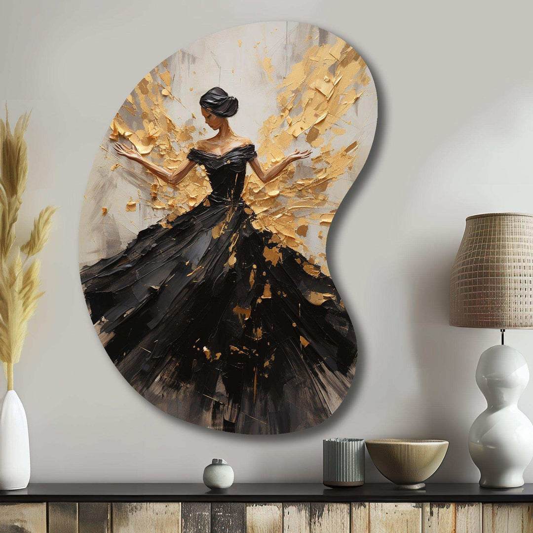 Gold And Black Dance Splash I - Asymmetric Metal Wall Art