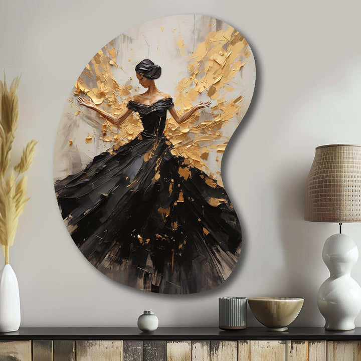 Gold And Black Dance Splash I - Asymmetric Metal Wall Art