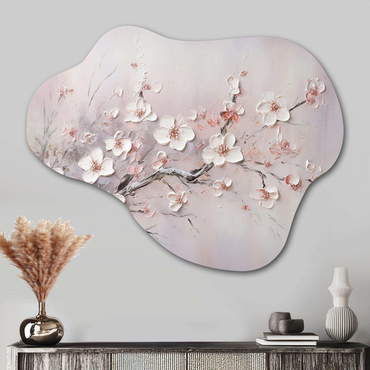 Pink And Grey Cherry Blossom Charm - Asymmetric Metal Wall Art