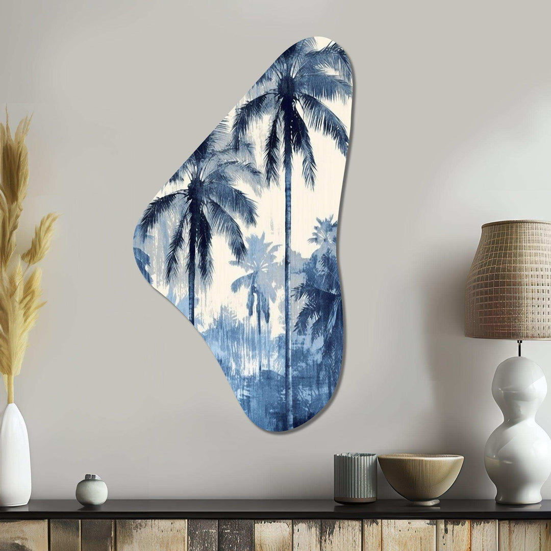 Vintage Blue Palm Trees Shadows II - Asymmetric Metal Wall Art