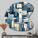 Earthy Cobalt Blue And Beige Mosaic Geometric - Asymmetric Metal Wall Art