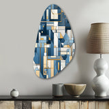 Earthy Cobalt Blue And Beige Mosaic Geometric - Asymmetric Metal Wall Art