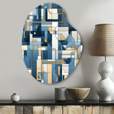 Earthy Cobalt Blue And Beige Mosaic Geometric - Asymmetric Metal Wall Art