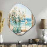 Blue window beachfront view blooms I - Asymmetric Metal Wall Art