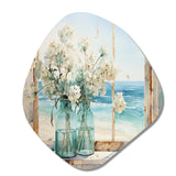 Blue window beachfront view blooms I - Asymmetric Metal Wall Art