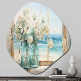 Blue window beachfront view blooms I - Asymmetric Metal Wall Art