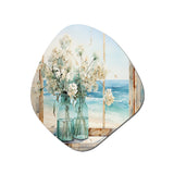 Blue window beachfront view blooms I - Asymmetric Metal Wall Art