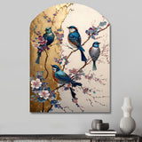 Multicolor Birds On Plum Blossoms Tree II - Asymmetric Metal Wall Art